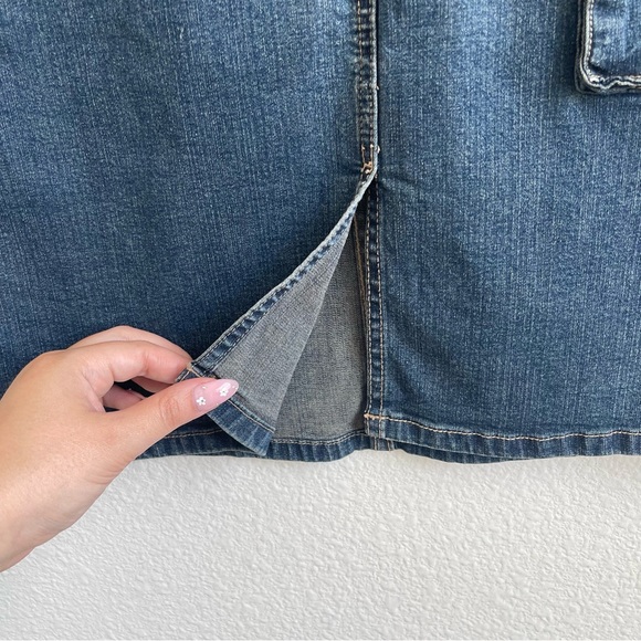 ELLEMENNO Vintage Y2K Mid Wash Denim Jean Utility Front Slit Midi Pencil Skirt - Picture 5 of 8